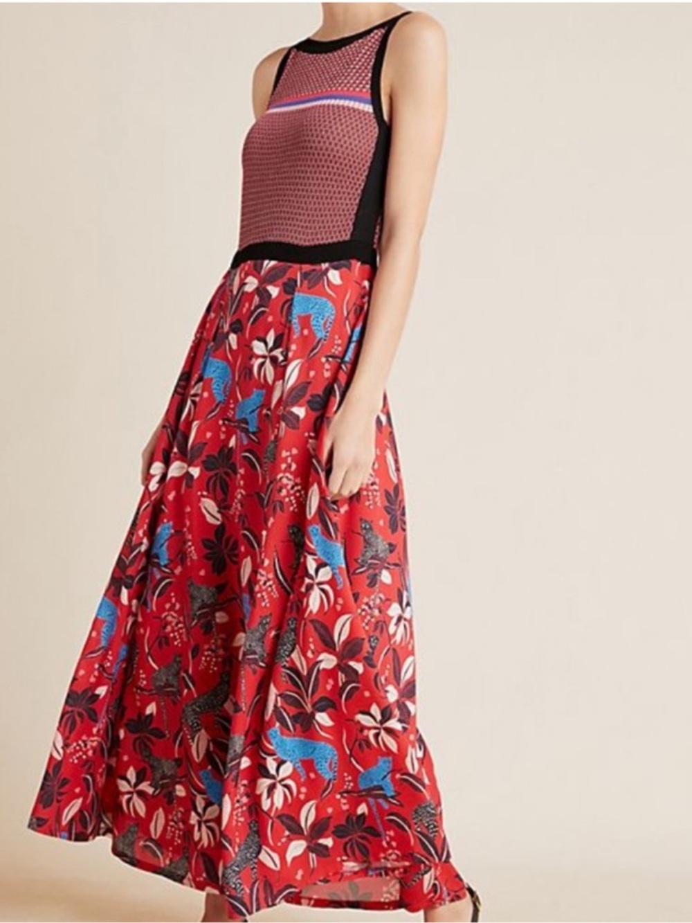 Anthropology Aldomartins Natasha Maxi Dress Sz M Red Blue Floral Leopard Boho
